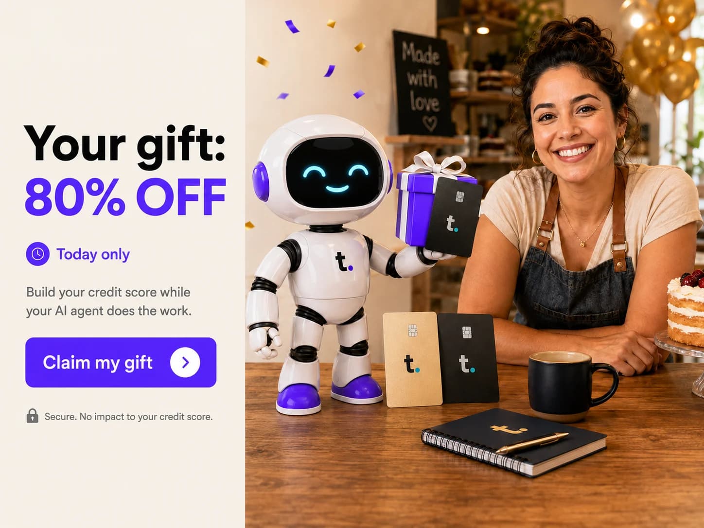 A woman running her bakery business next to the TomoIQ mascot holding a gift box, celebrating with confetti