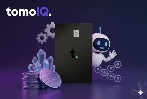 A Tomo Card next to the TomoIQ mascot, gears, and crystals representing credit-building tools