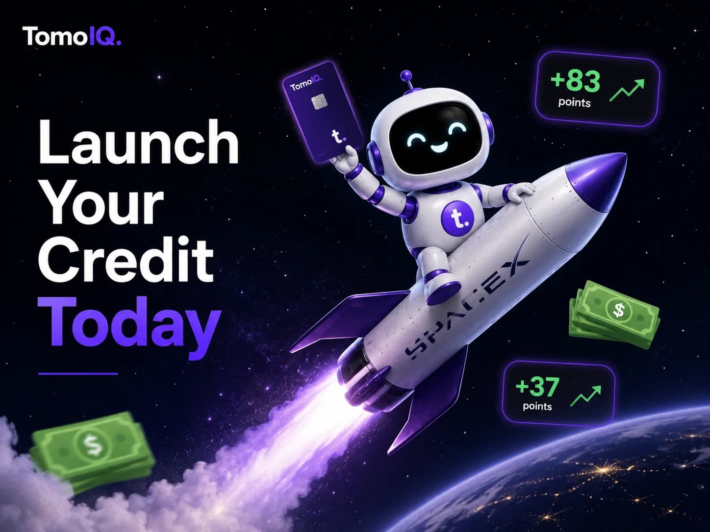 The TomoIQ mascot riding a rocket labeled SpaceX, with credit score point gains shown alongside