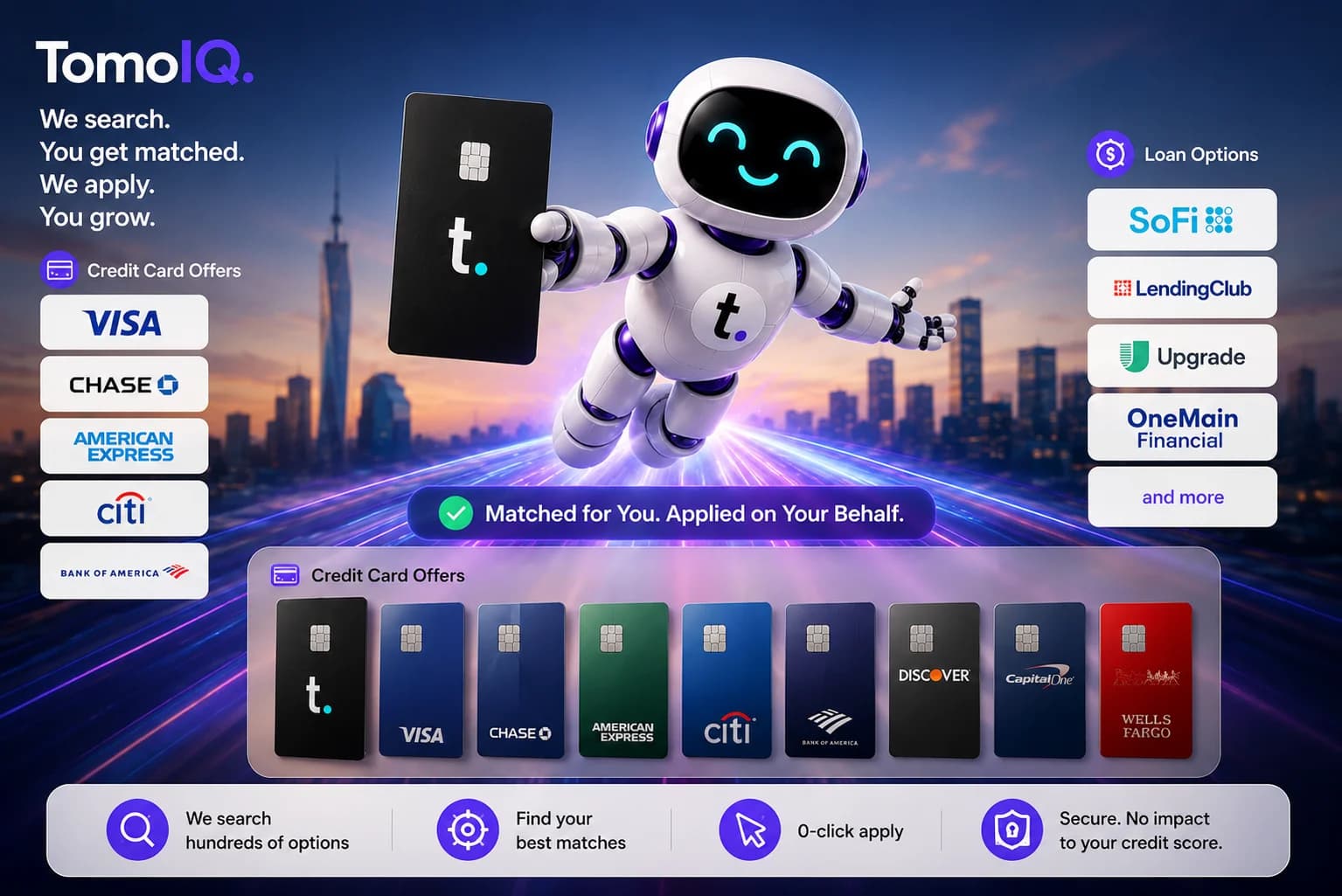The TomoIQ mascot flying with a Tomo Card over a city skyline, with text reading 'We search. You get matched. We apply. You grow.'