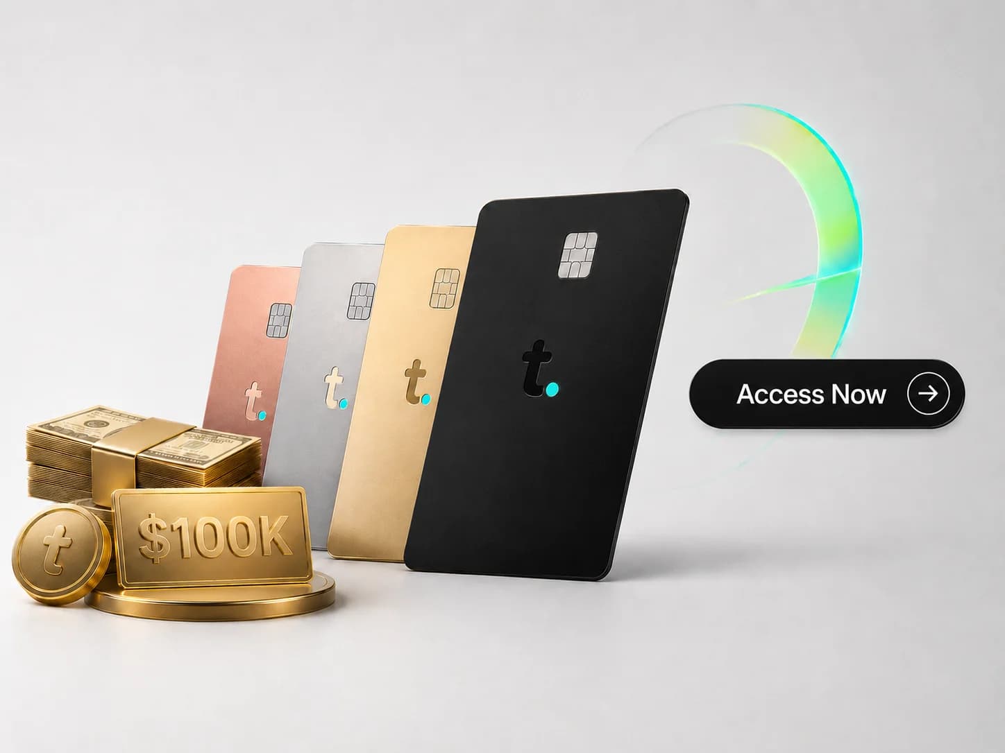 A Tomo Card, gold coins, and an 'Access Now' button representing starting to build credit