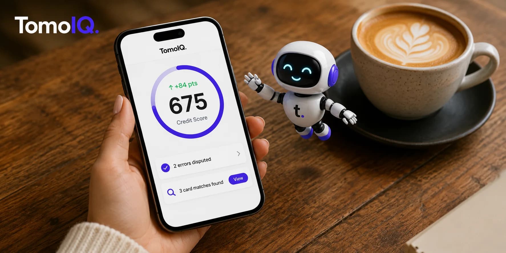 A phone showing a credit score of 675 with 2 disputed errors, next to the TomoIQ mascot and a cup of coffee