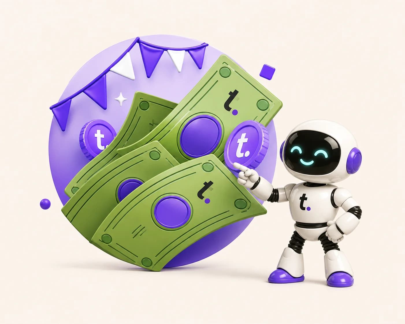 The TomoIQ mascot pointing at a coin next to a pile of cash and celebratory banners