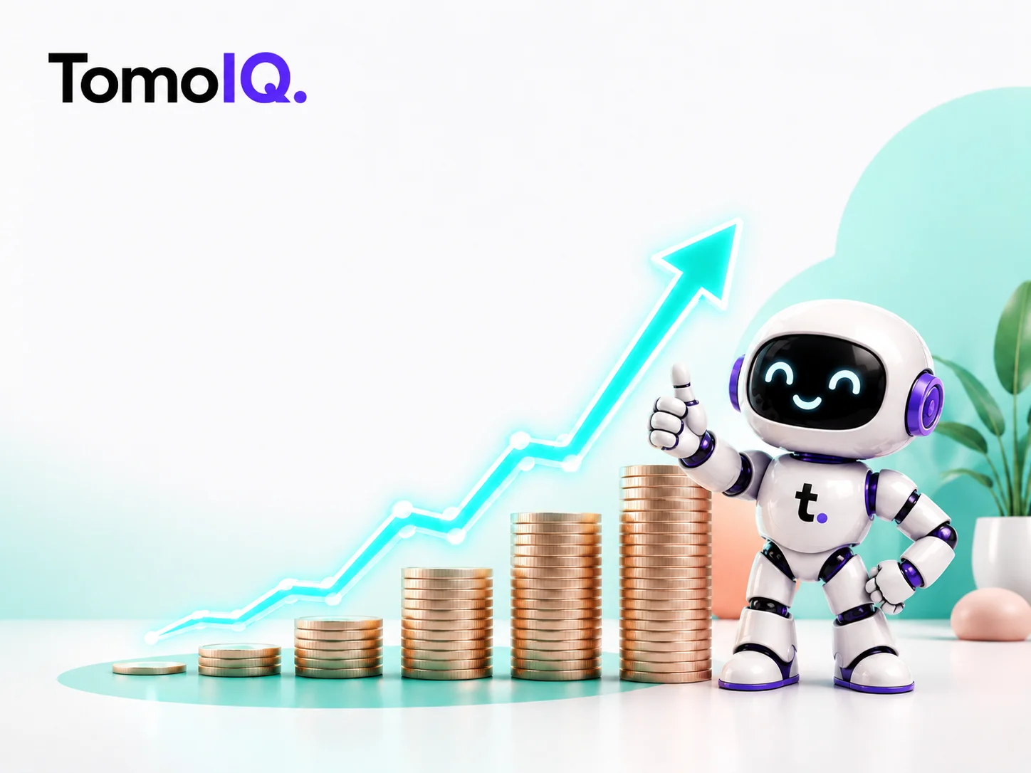 The TomoIQ mascot giving a thumbs up next to a rising chart and growing stacks of coins