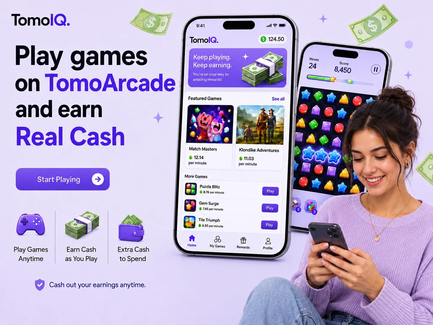 A young woman playing a game on her phone with the TomoIQ mascot, with text reading 'Play games on TomoArcade and earn Real Cash'