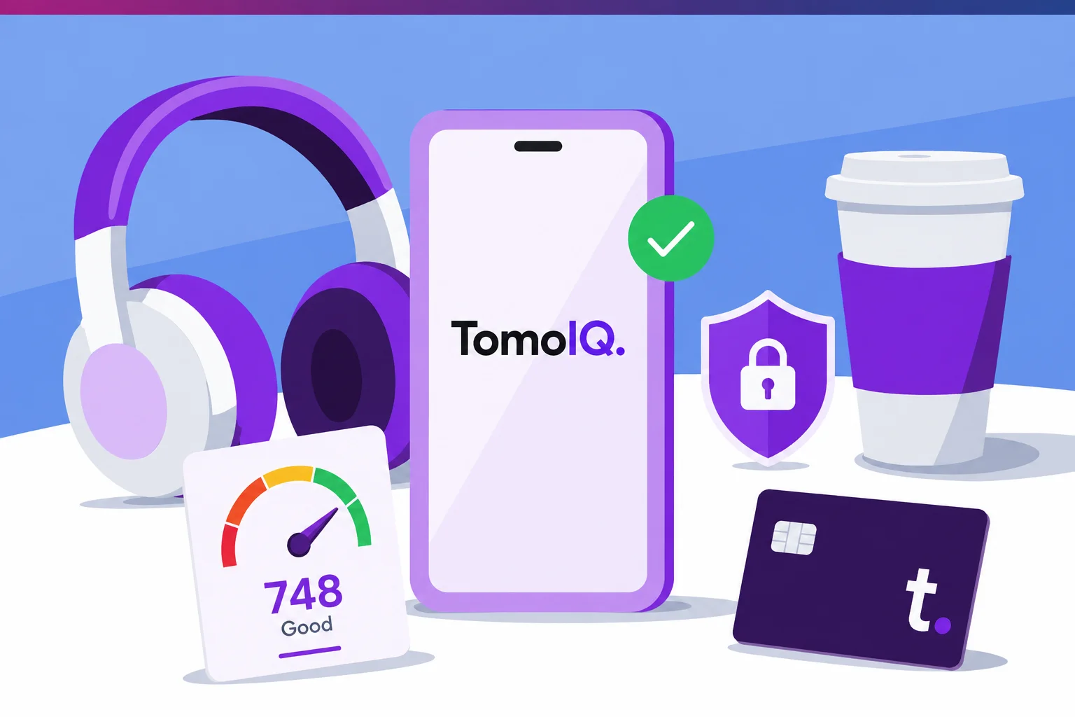 A credit score gauge reading 748 Good next to a phone showing the TomoIQ app and a Tomo Card