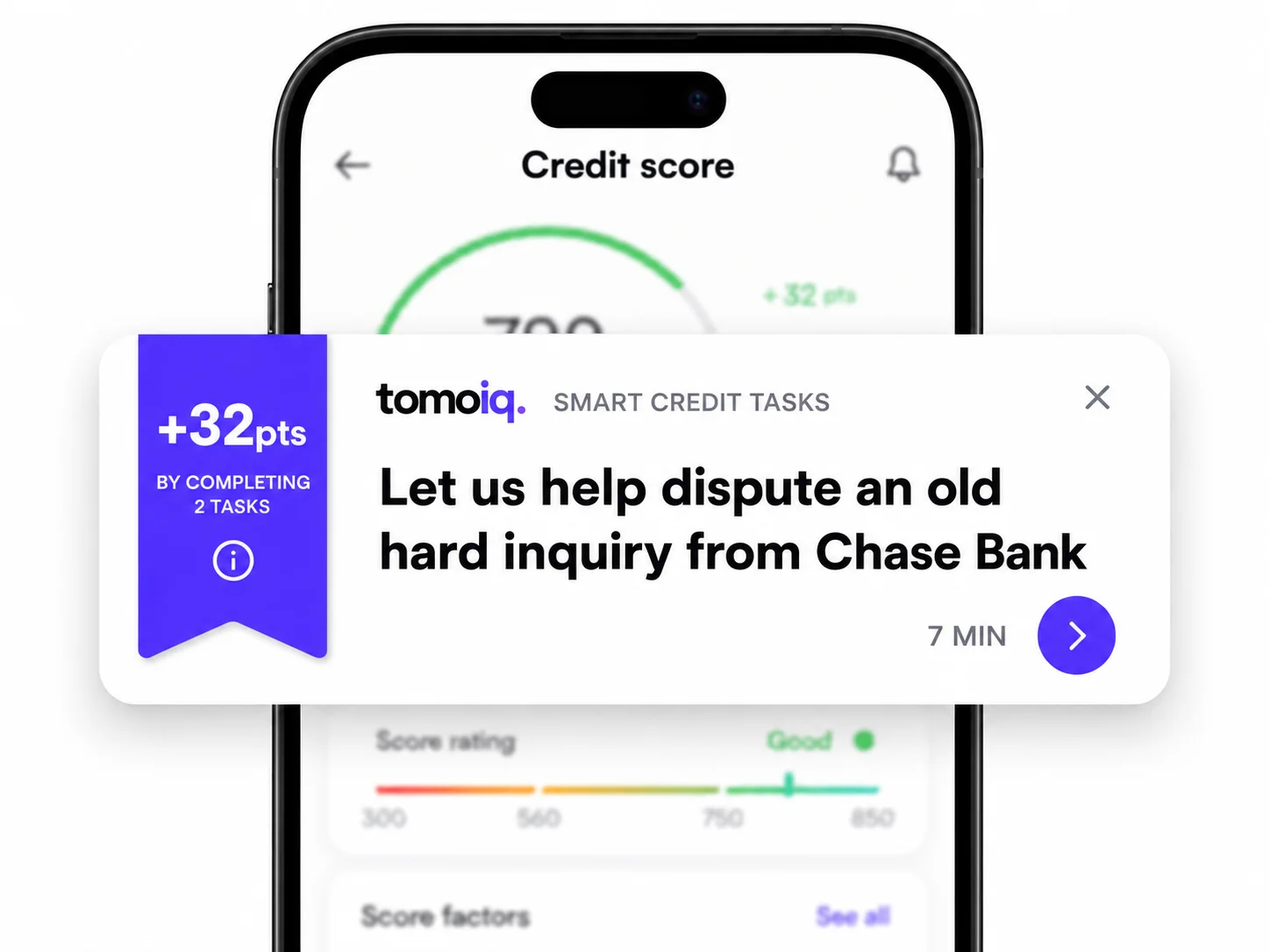 A phone showing a TomoIQ smart credit task offering to dispute an old hard inquiry, with a +32 points banner