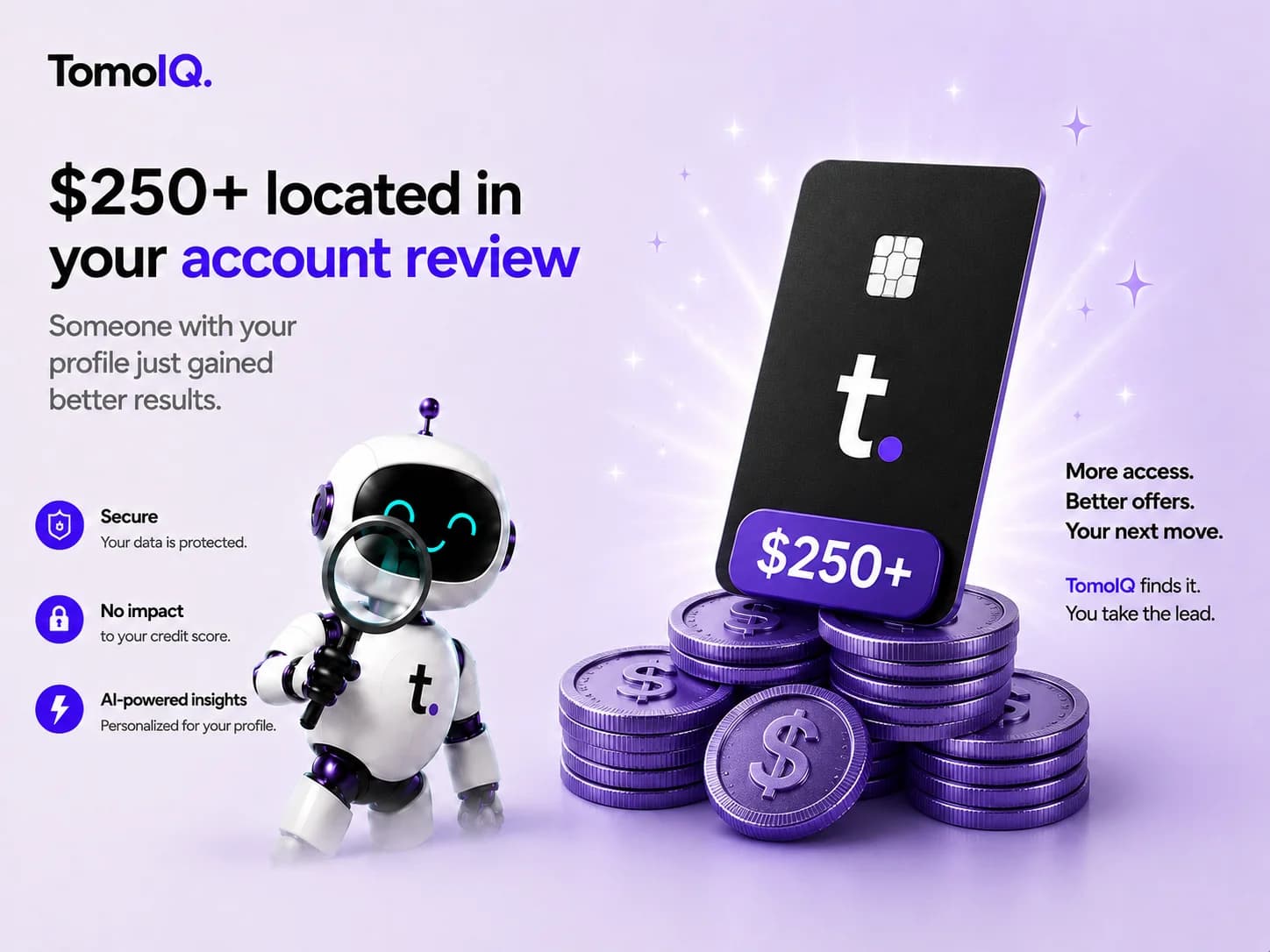 The TomoIQ mascot holding a magnifying glass next to a Tomo Card and stacked coins, with text reading '$250+ located in your account review'
