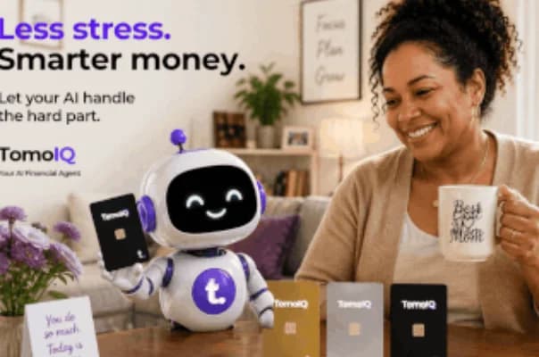 The TomoIQ mascot next to a woman holding a mug that reads 'Best Mom', with text reading 'Less stress. Smarter money. Let your AI handle the hard part.'