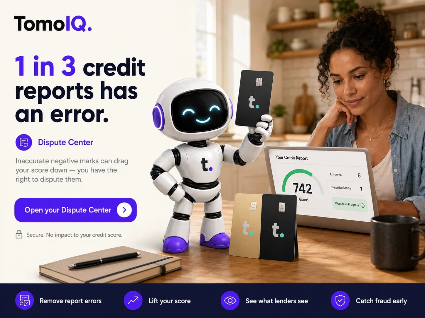 A woman reviewing her credit report on a laptop next to the TomoIQ mascot, with text reading '1 in 3 credit reports has an error'