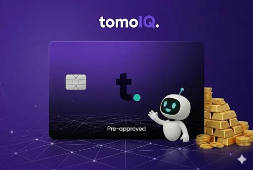 The TomoIQ mascot next to a pre-approved Tomo Card and a stack of gold coins