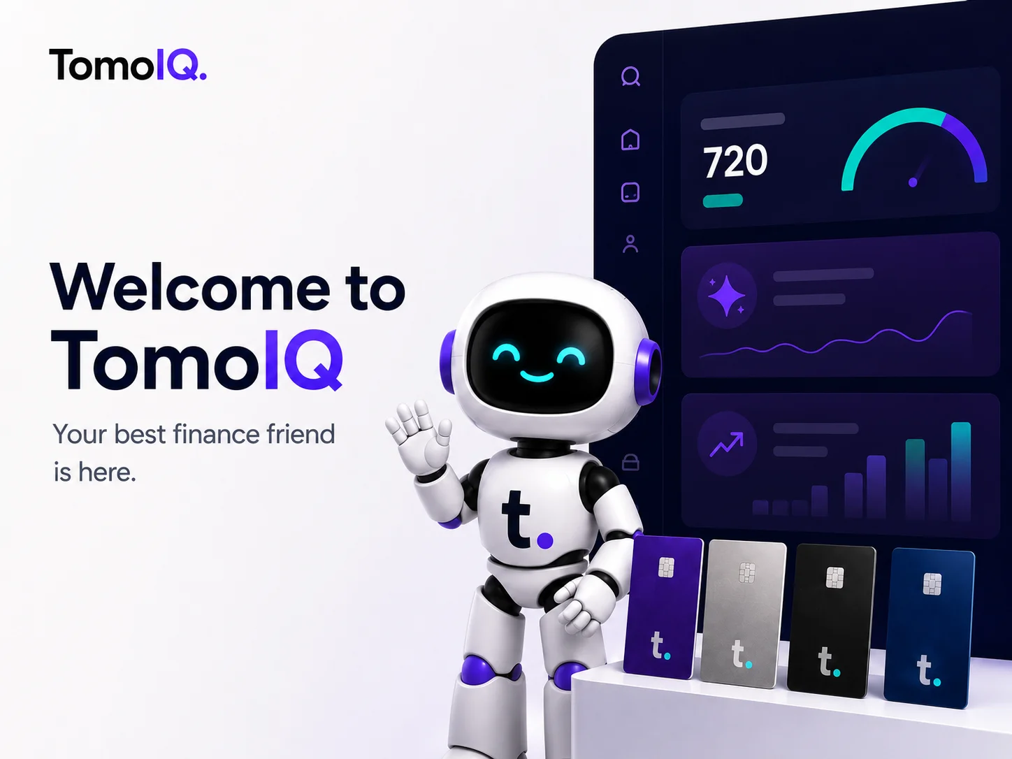 The TomoIQ mascot waving in front of a credit score dashboard, welcoming users to TomoIQ