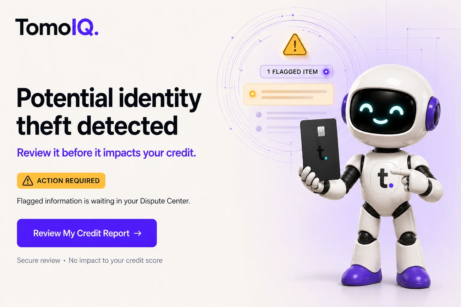 A phone alert reading 'Potential identity theft detected' next to a Tomo Card