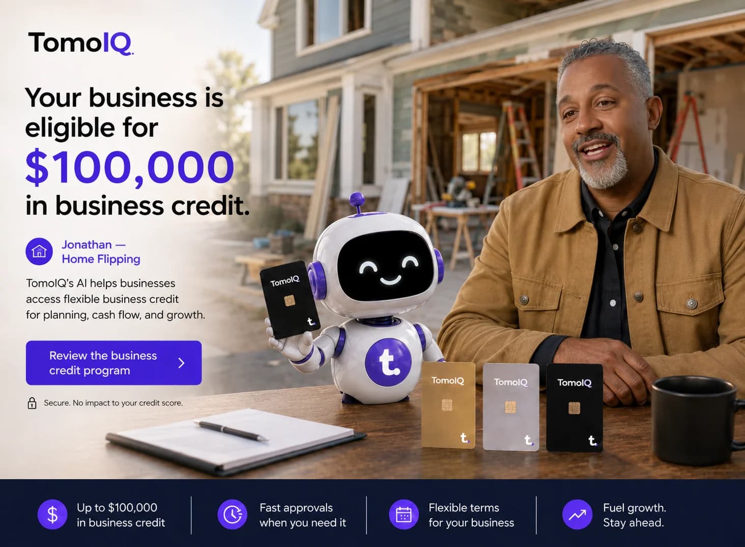 A home-flipping small business owner reviewing Tomo Card business credit options with the TomoIQ mascot