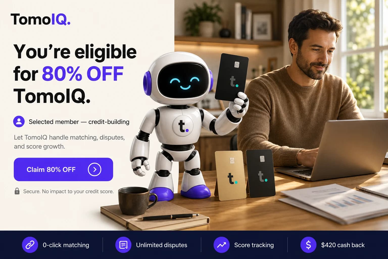 A man working on his laptop next to the TomoIQ mascot, with text reading 'You're eligible for 80% OFF TomoIQ'