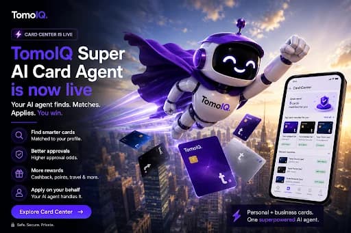 The TomoIQ mascot flying like a superhero next to a phone showing Card Center matches, with text reading 'TomoIQ Super AI Card Agent is now live'