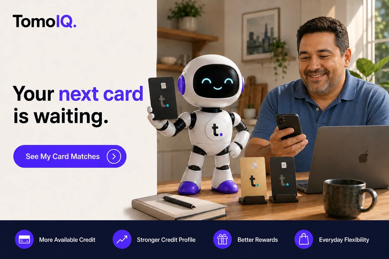 The TomoIQ mascot holding a Tomo Card next to a man on his phone, with text reading 'Your next card is waiting'