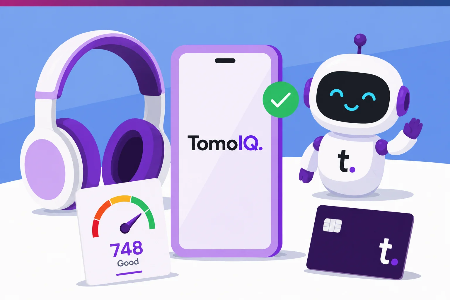 A credit score gauge reading 748 'Good' next to a verified TomoIQ app screen and the TomoIQ mascot