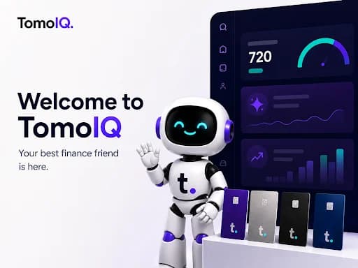 The TomoIQ mascot waving in front of a credit score dashboard, welcoming users to TomoIQ