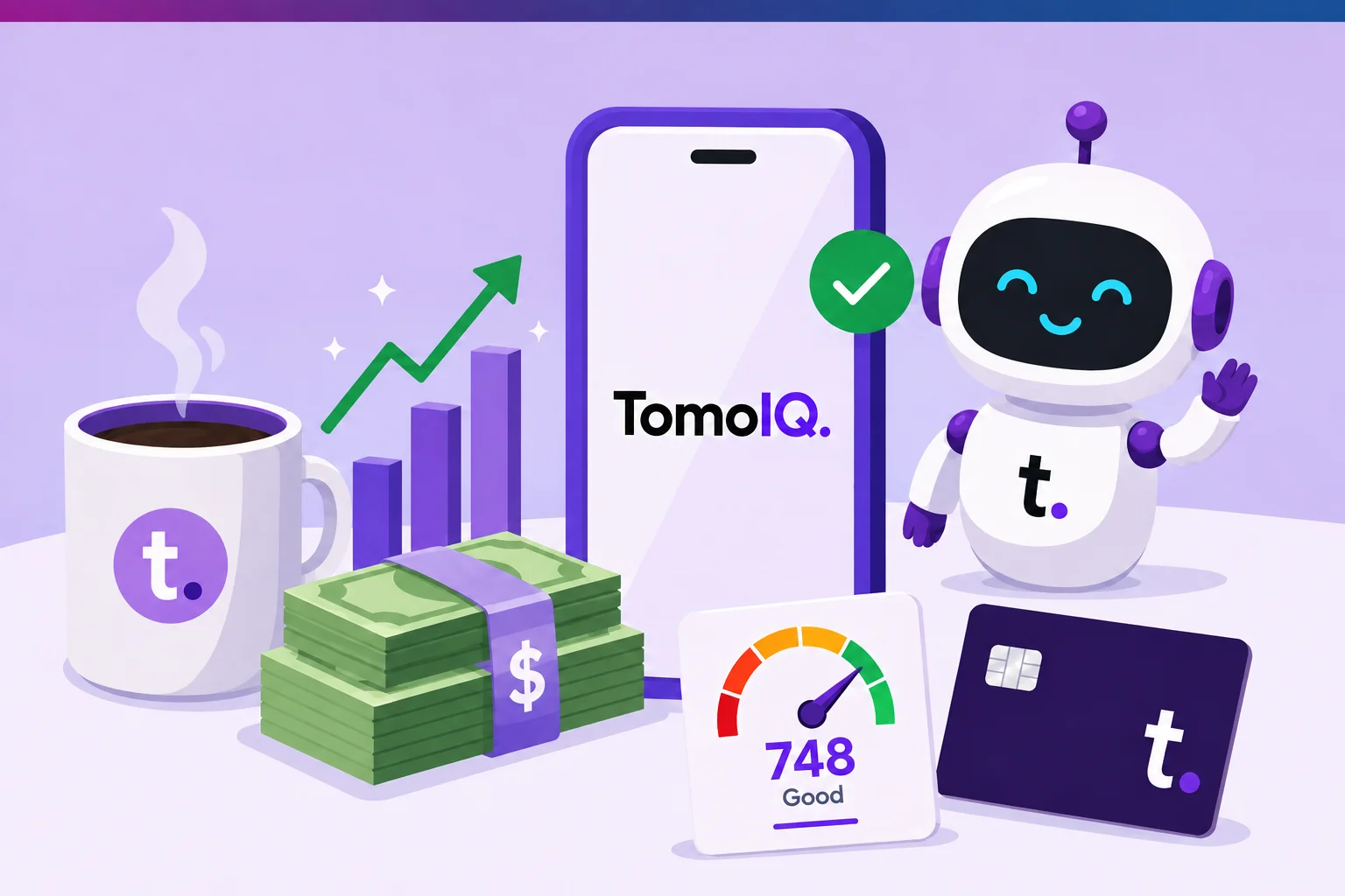 A credit score gauge reading 748 'Good' next to a coffee cup and the TomoIQ mascot