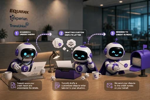 Three TomoIQ robots scanning a credit report, drafting a custom dispute letter, and sending it to Equifax, Experian, and TransUnion
